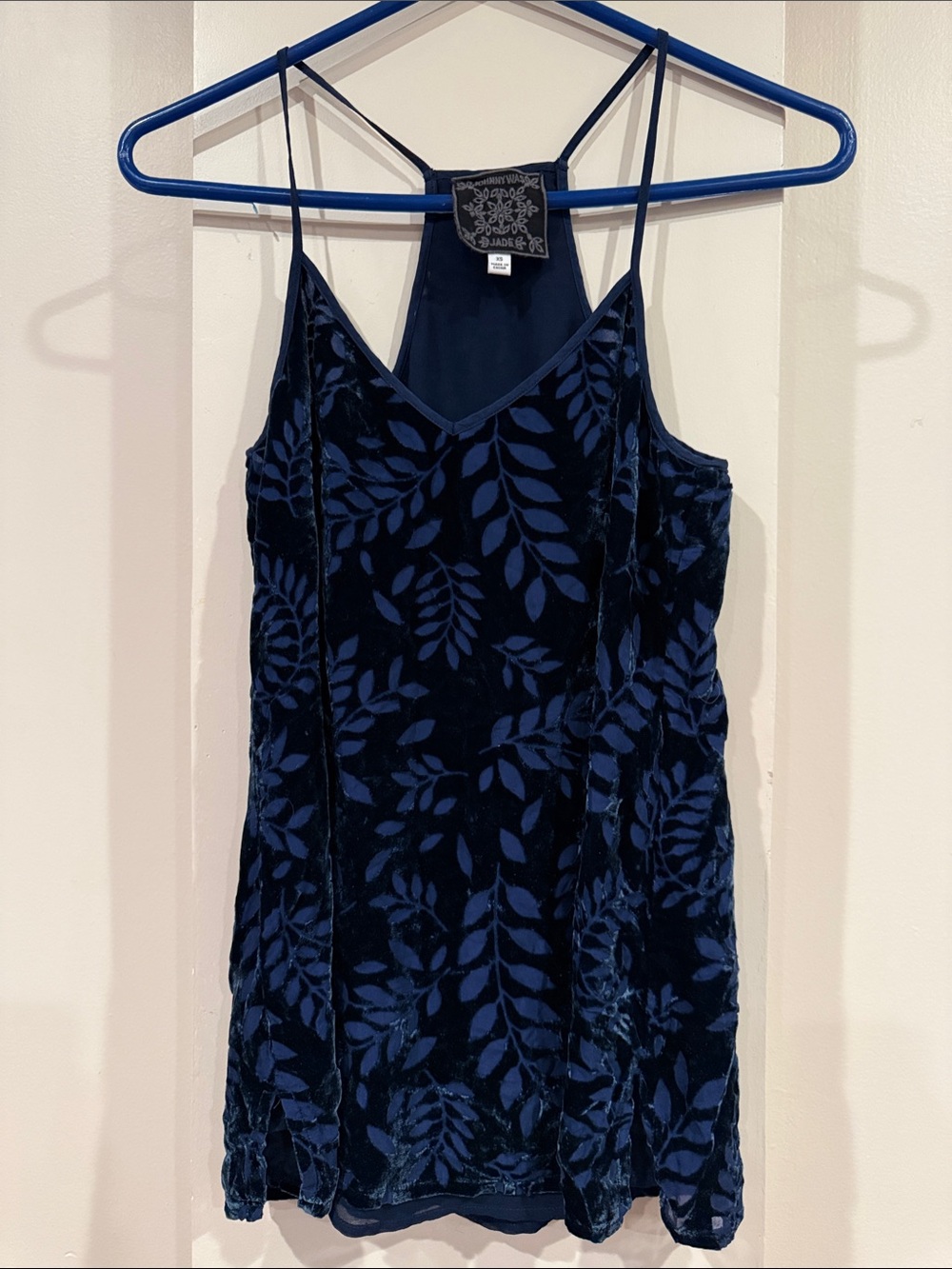 Johnny Was Navy Blue Velvet Top Leaf Print XS